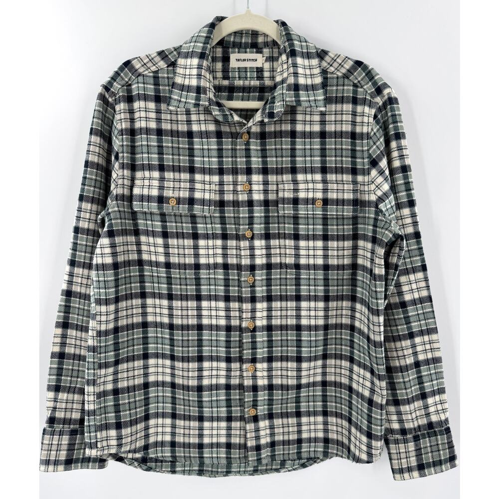 Taylor Stitch The Ledge Shirt 40 M Cream Gray Green Plaid Flannel Button down